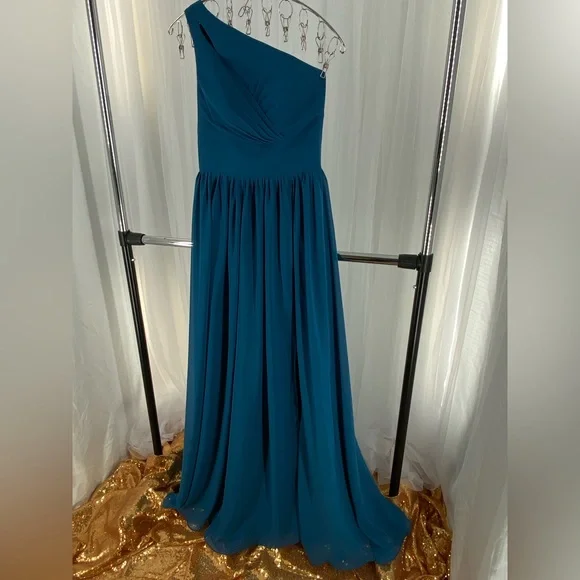 Elegant Side Split Teal Blue Bridesmaid Dresses One Shoulder wedding grad New